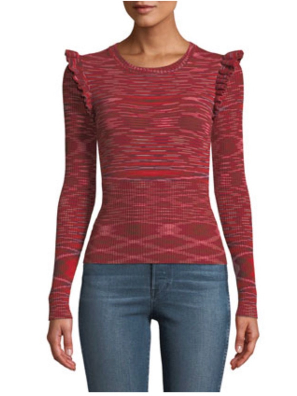 cinq a sept Red Patterned Ruffle-Shoulder Long-Sleeve Top